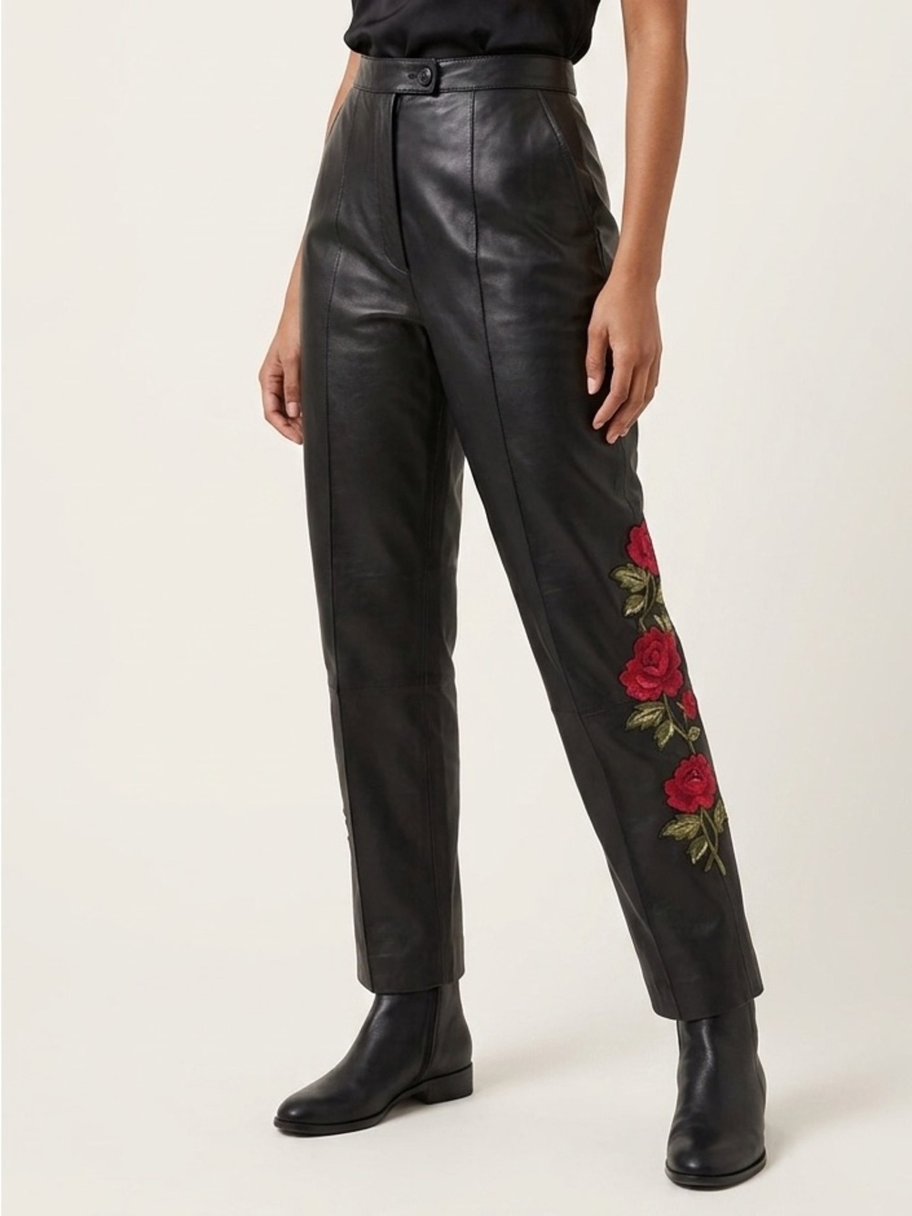 Apostrophe Black Leather Pants with Floral Appliqué Detail